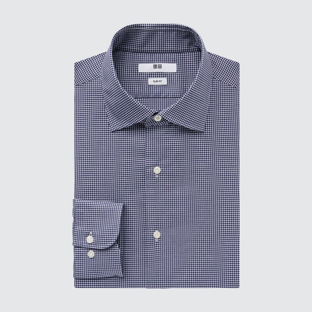 Chemises Uniqlo Easy Care Stretch Coupe Ajustée Checked Semi Cutaway Collar Homme Bleu Marine J7014368