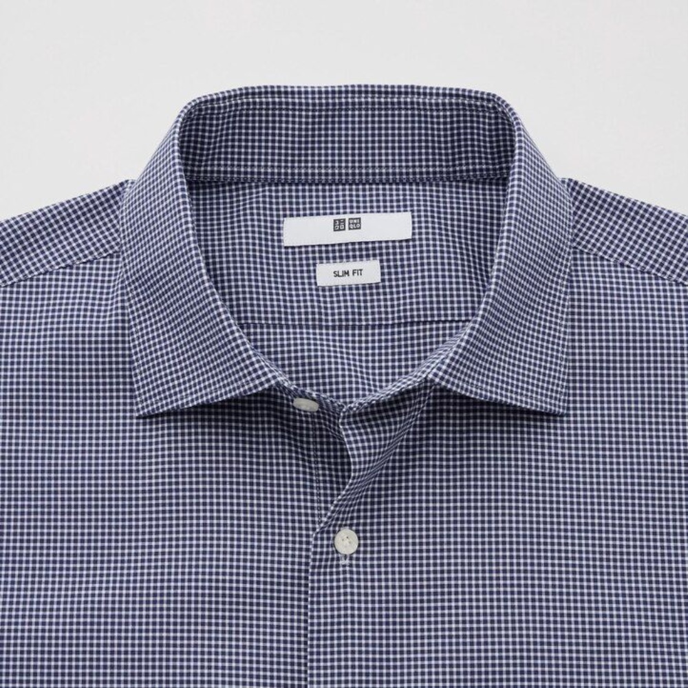 Chemises Uniqlo Easy Care Stretch Coupe Ajustée Checked Semi Cutaway Collar Homme Bleu Marine J7014368 – Image 2