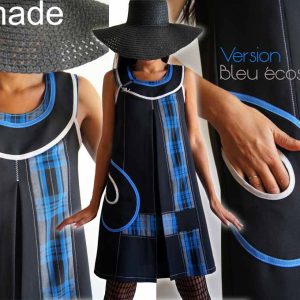 Robe trapèze graphique carreaux écossais tartan bleu noire gris