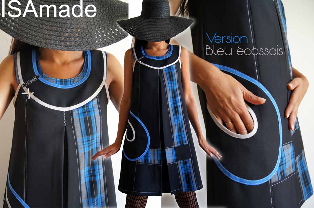 Robe trapèze graphique carreaux écossais tartan bleu noire gris
