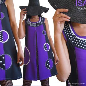 Robe Trapèze noire Violet à pois Esprit Vintage année 70 Couture