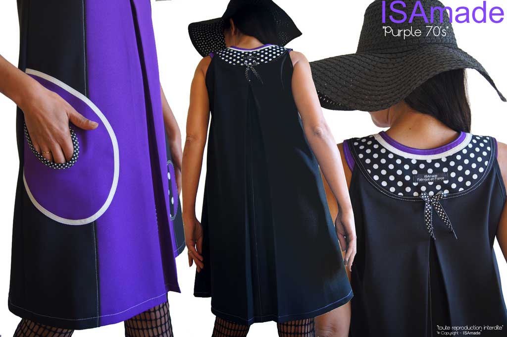 Robe Trapèze noire Violet à pois Esprit Vintage année 70 Couture – Image 2