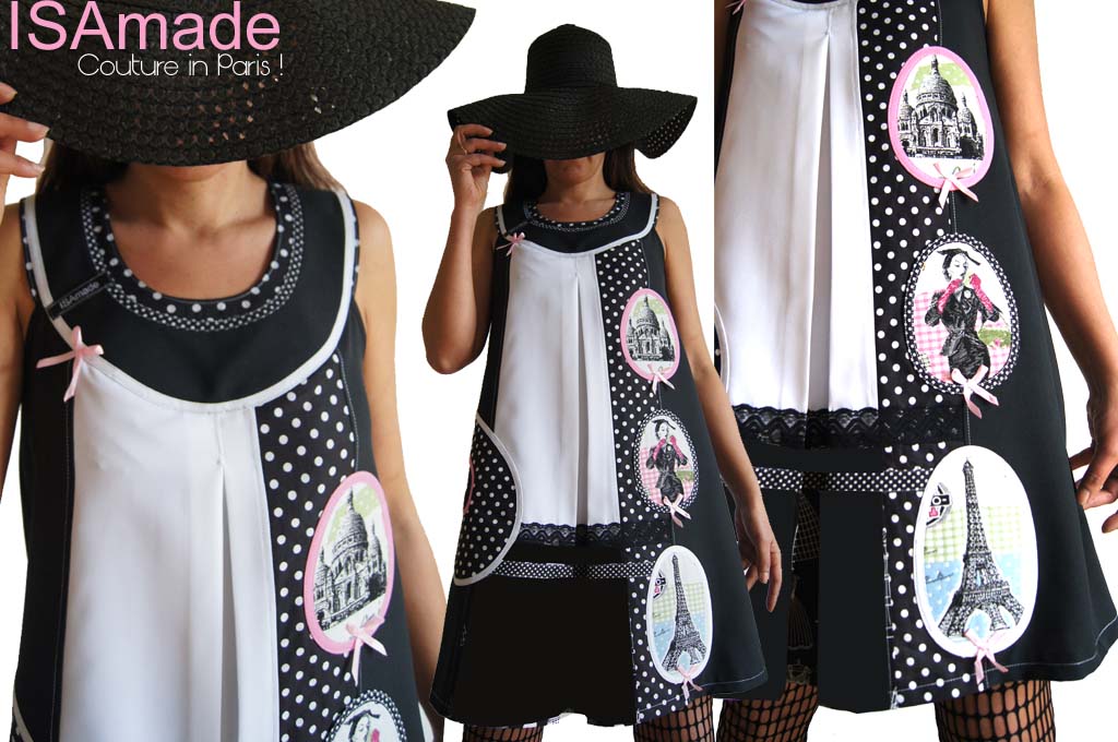 Robe Trapèze Paris Couture Noir Blanc cassé Pois