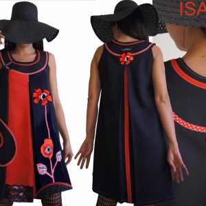 Robe Fleurie noire rouge trapèze pois Printemps été