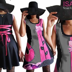 Robe Rayée rose noire blanche pois et Fleur Fantaisie