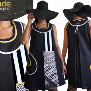 Robe trapèze noire blanche jaune Graphique
