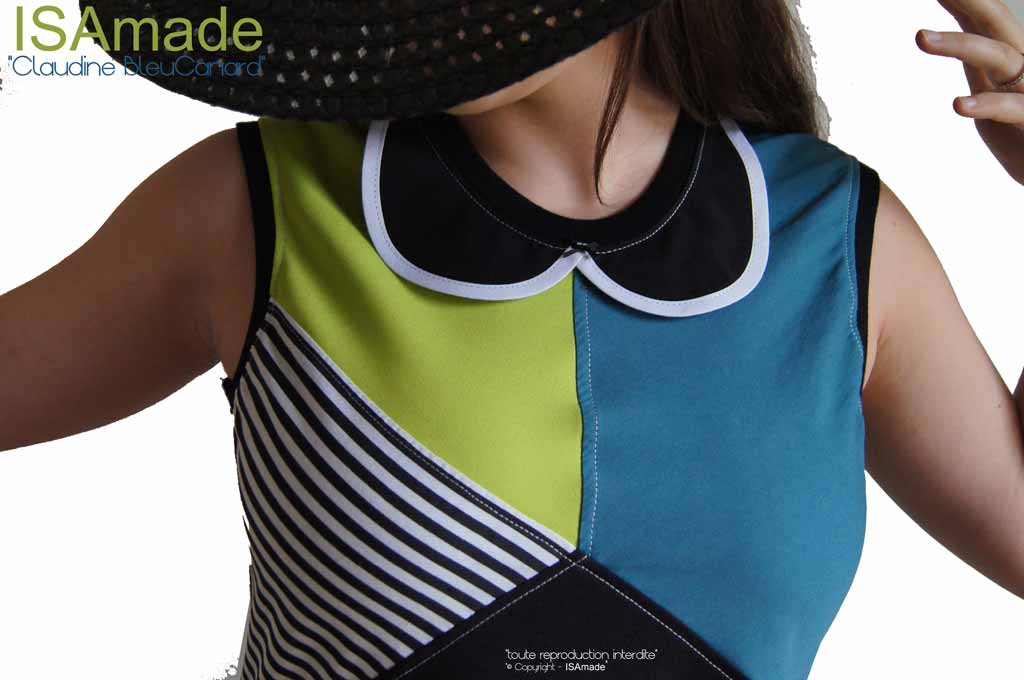 robe Sixties col Claudine noire bleu canard vert anis rayure taille 42/44 – Image 3