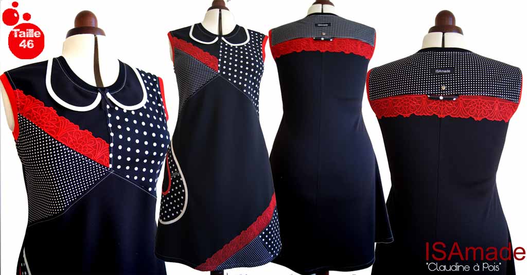 Robe noire rouge col Claudine pois originale taille 44/46