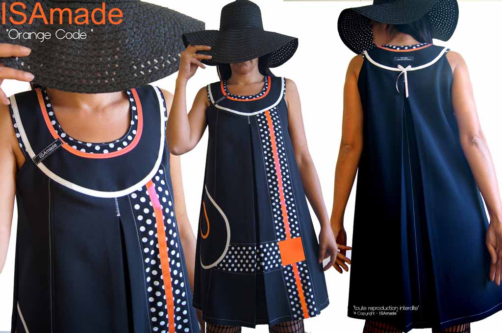Robe Trapèze noire pois Orange Graphique sixties