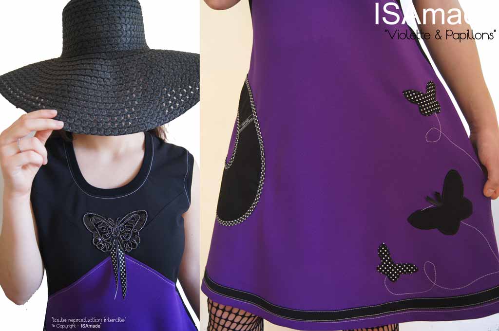 Robe noire violet pois papillons taille 42-44 originale – Image 3