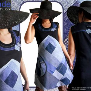Robe patchwork jean bleu noire fleurie originale T44/46