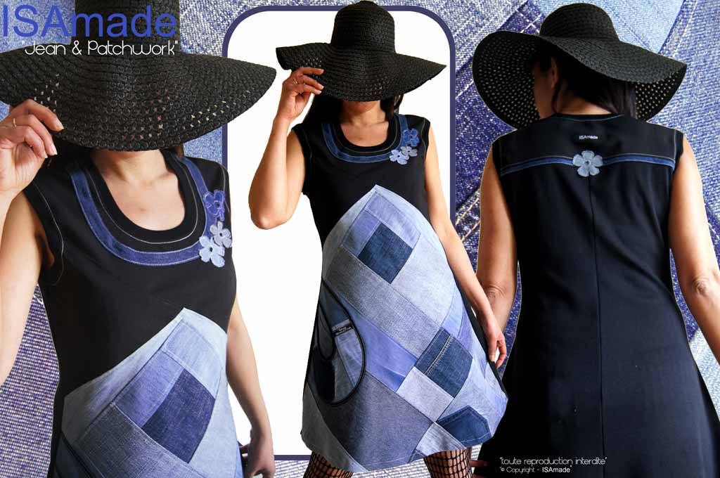 Robe patchwork jean bleu noire fleurie originale T44/46