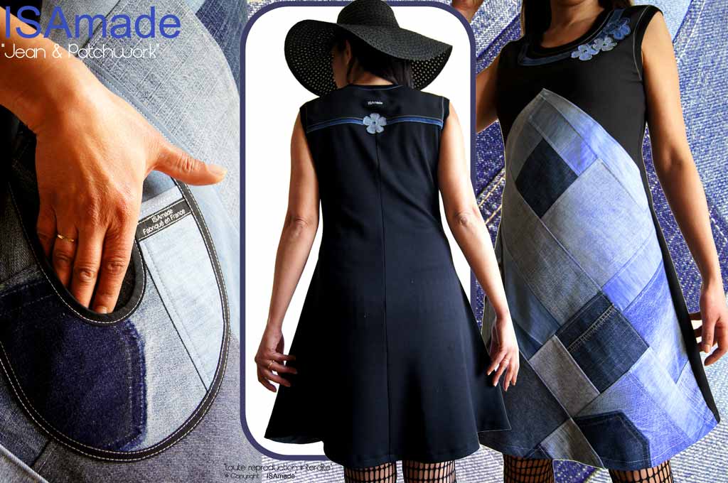 Robe patchwork jean bleu noire fleurie originale T44/46 – Image 2
