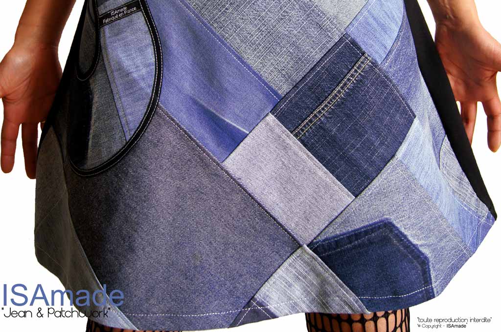 Robe patchwork jean bleu noire fleurie originale T44/46 – Image 3