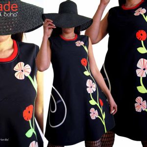 Robe Noire Fleurie rouge écru vert anis Créateur Printemps taille 42-44