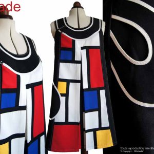 Robe trapèze graphique arty 60’s noire écru rouge bleu