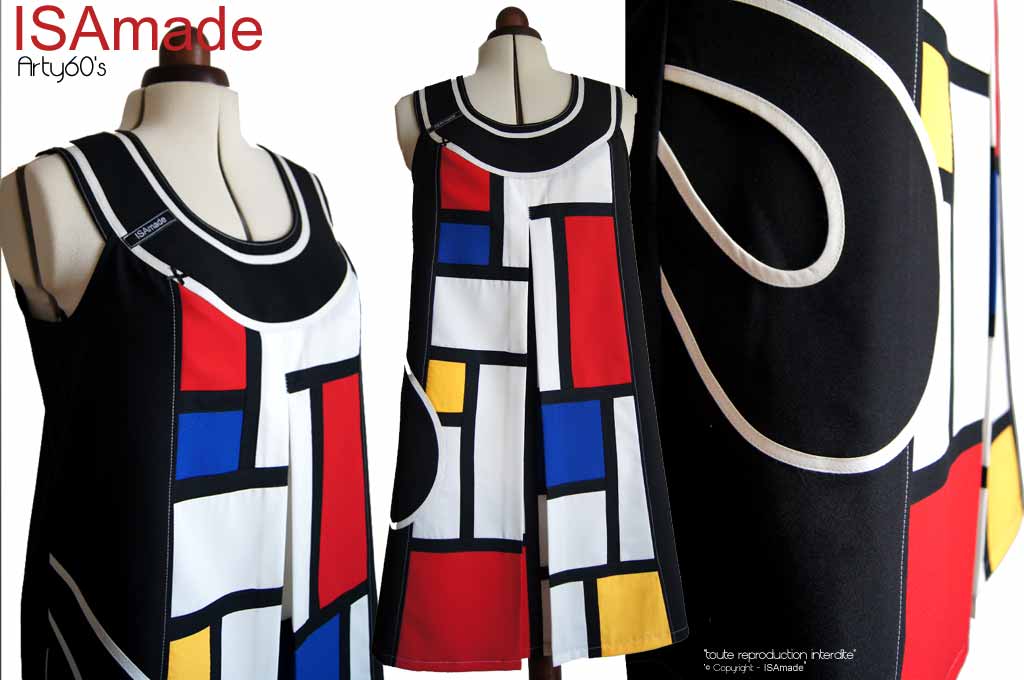 Robe trapèze graphique arty 60’s noire écru rouge bleu