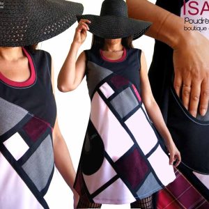Robe graphique patchwork hiver noire rose poudré gris velours bordeaux