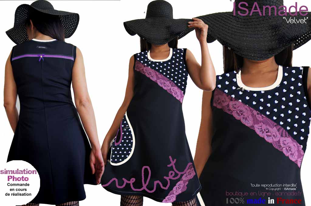 Robe noire violet dentelle cœur message couture velvet T44-46