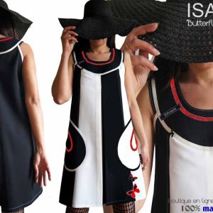 Robe trapèze chic noire blanc écru motif pois rouge papillons