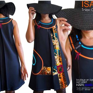Robe noire Wax trapèze colorée sur mesure fabrication française
