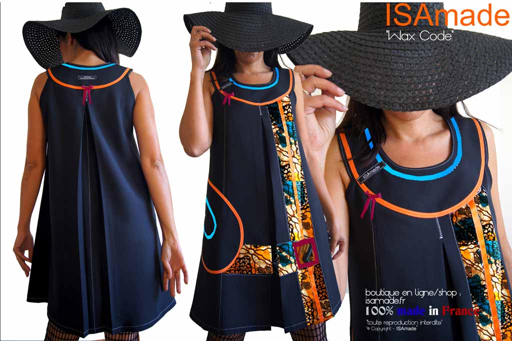 Robe noire Wax trapèze colorée sur mesure fabrication française
