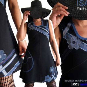 Robe Patchwork jean Fleur Hippie bleue noire