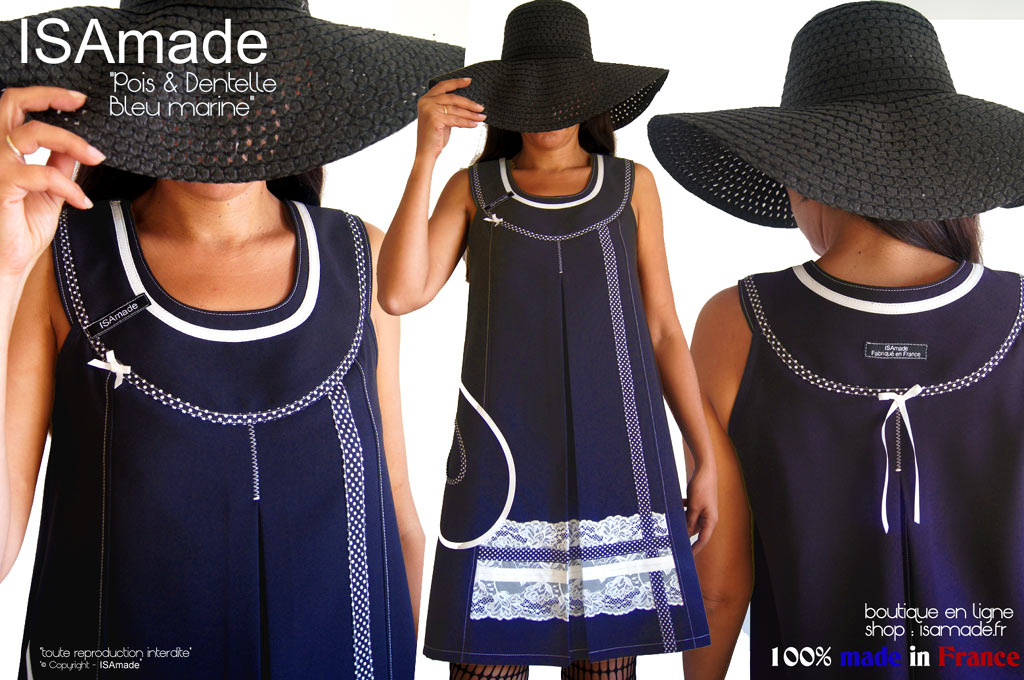 Robe dentelle trapèze bicolore bleu marine écru T48