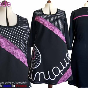 Robe noire violet dentelle cœur message couture Unique T46/48