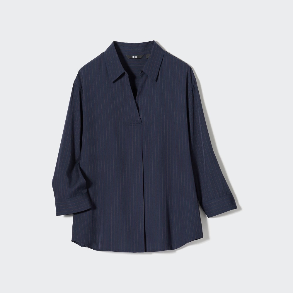 Chemisier Uniqlo Rayon Rayé Skipper Collar 34 Sleeved Femme Bleu Marine A4805196