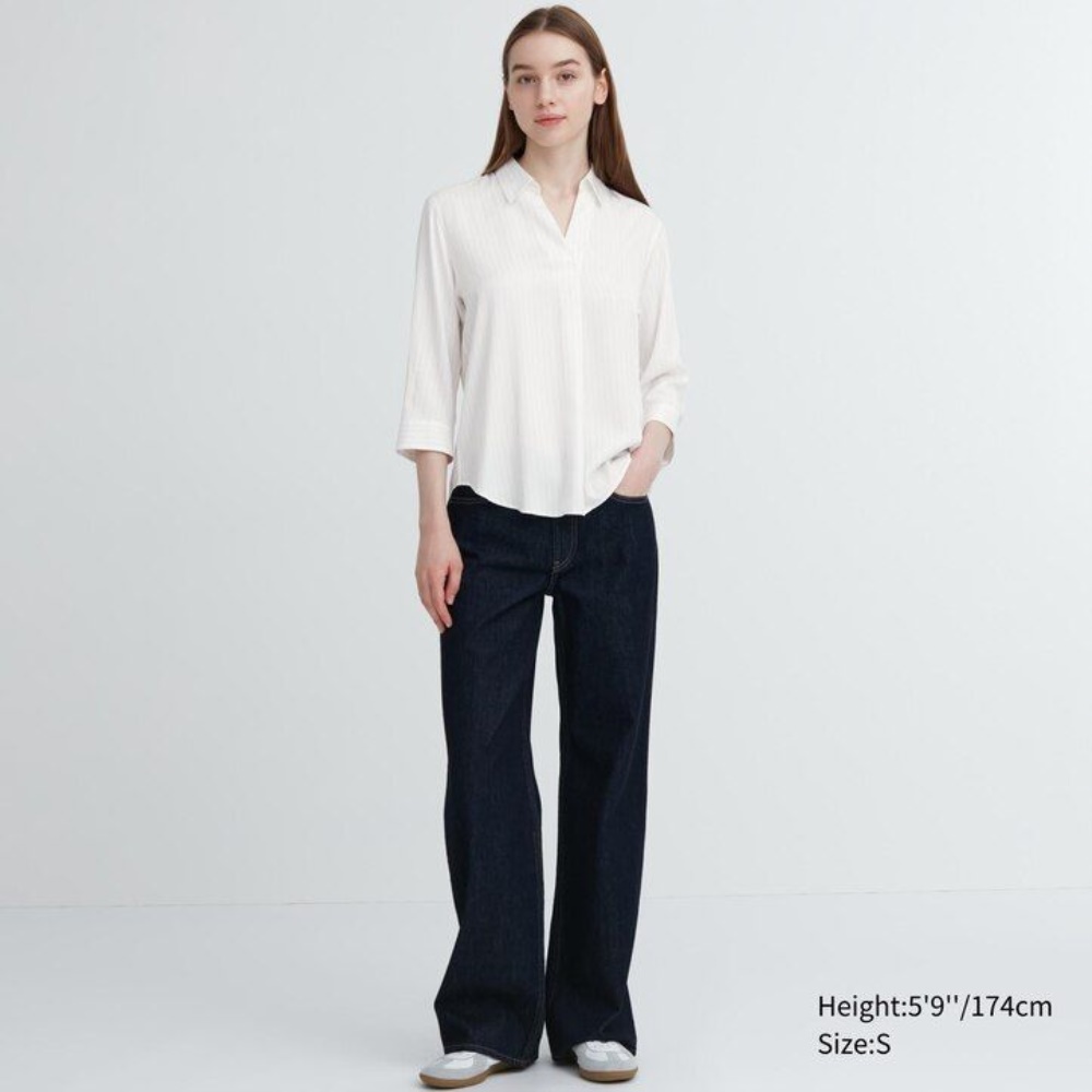 Chemisier Uniqlo Rayon Rayé Skipper Collar 34 Sleeved Femme Bleu Marine A4805196 – Image 2