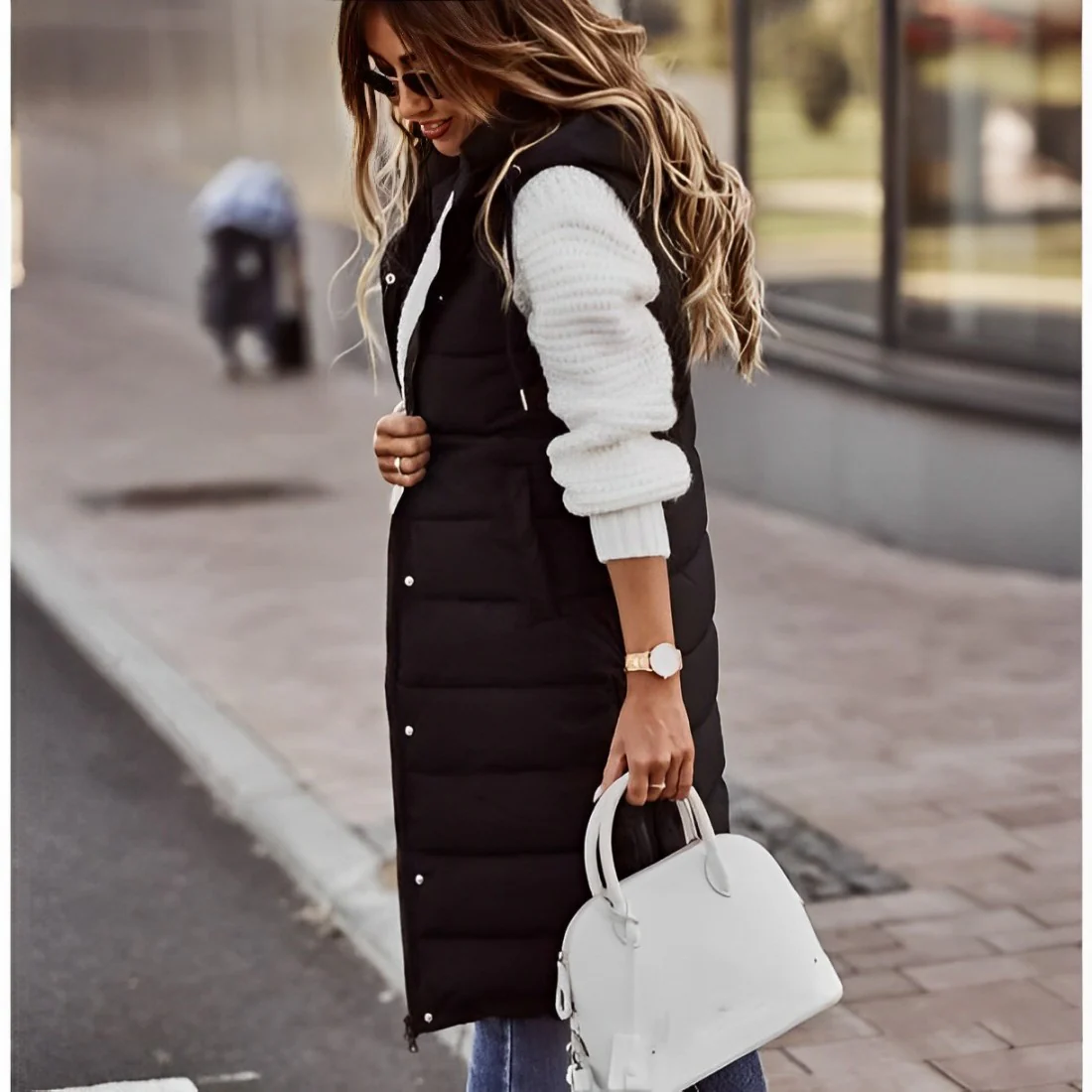 Veste Noire Longue Matelassée – Image 3