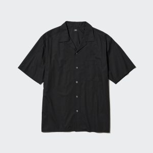 Chemises Uniqlo Coton Blend Décontractées Corta Sleeved Open Collar Homme Noir E5124870