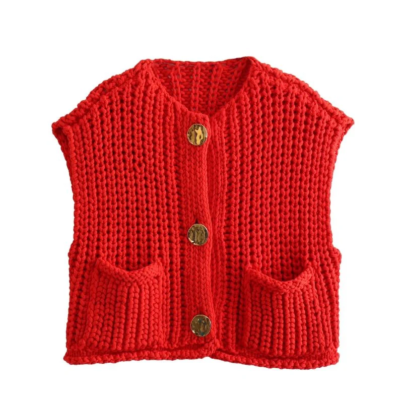 Gilet Sans Manches Rouge Tricoté – Image 3