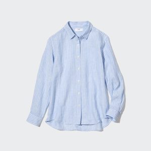 Chemisier Uniqlo 100pct Premium Linen Rayé Long Sleeved Femme Bleu Clair D0243716