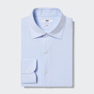 Chemises Uniqlo Easy Care Stretch Coupe Ajustée Rayé Semi Cutaway Collar Homme Bleu N1504962
