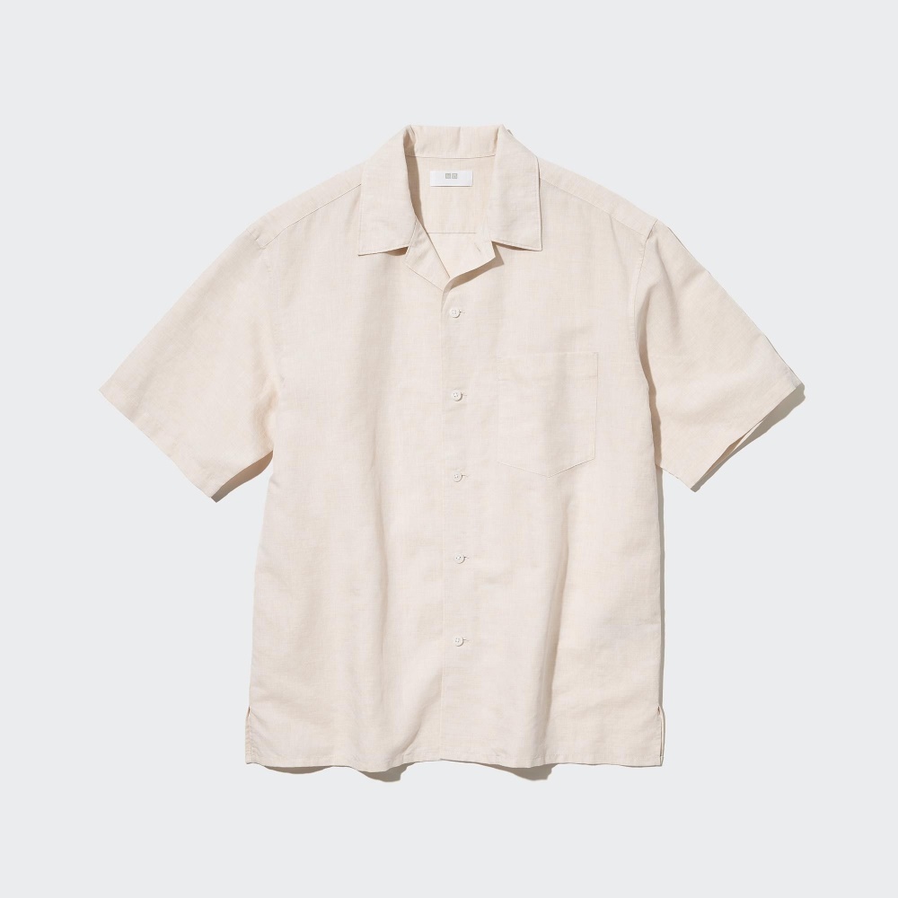 Chemises Uniqlo Linen Blend Corta Sleeved Open Collar Homme Beige Y6504237