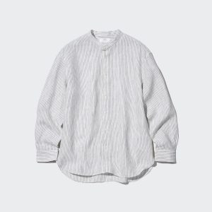 Chemises Uniqlo 100pct Premium Linen Rayé Regular FiT-Shirt Grandad Collar Homme Bleu K3892754
