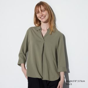 Chemisier Uniqlo Rayon Skipper Collar 34 Sleeved Femme Vert Olive Z4260138