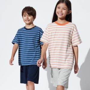 Vêtements d’intérieur Uniqlo Airism Coton Blend Rayé Lounge Set Enfant Bleu Marine U5196407