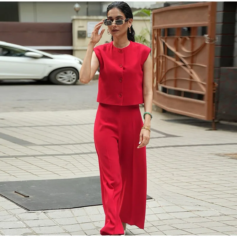 Gilet Femme Sans Manches Costume Rouge – Image 2
