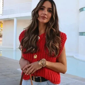 Gilet Sans Manches Rouge Tricoté