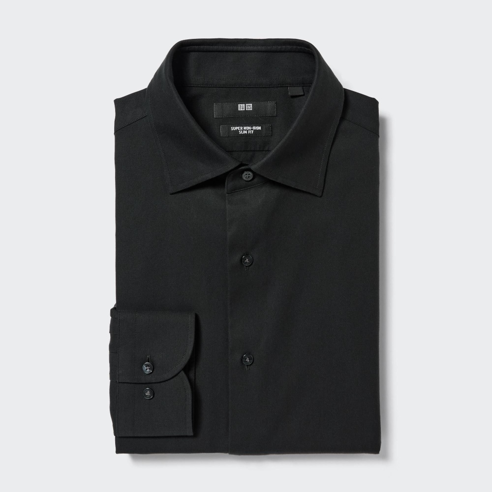 Chemises Uniqlo Super Non Iron Slim FiT-Shirt Semi Cutaway Collar Homme Noir A8590123