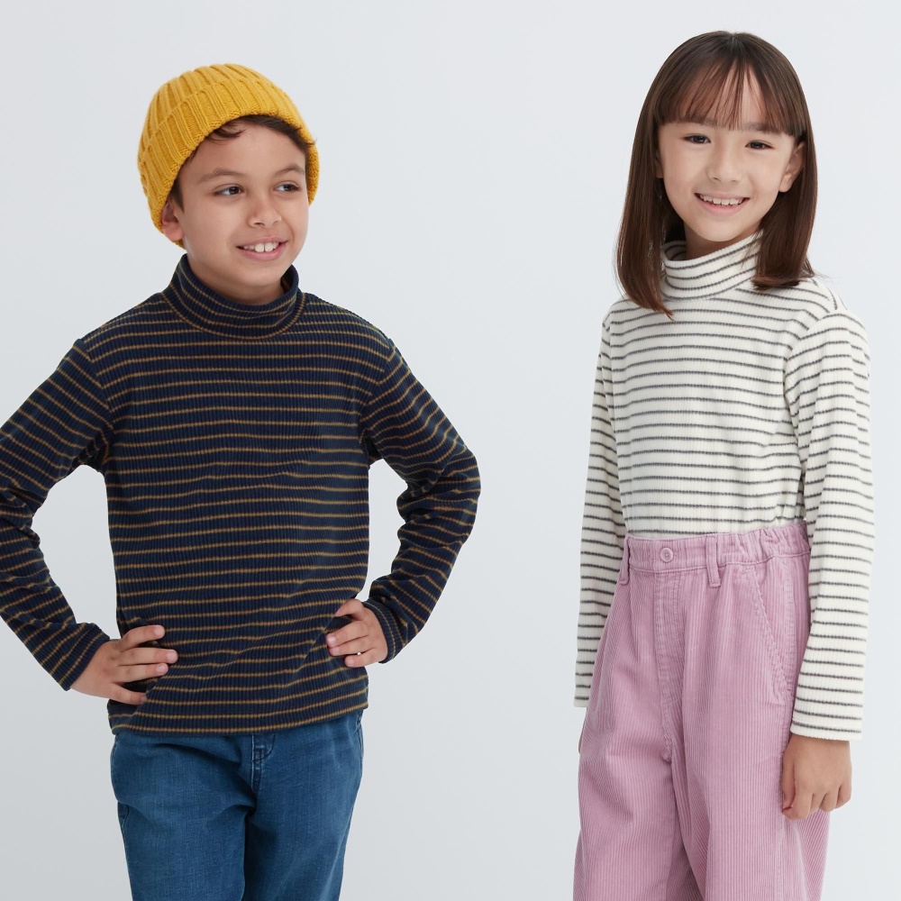T Shirts Uniqlo Fleece Nervuré Rayé Col Haut Long Sleeved Enfant Bleu Marine Z1274890