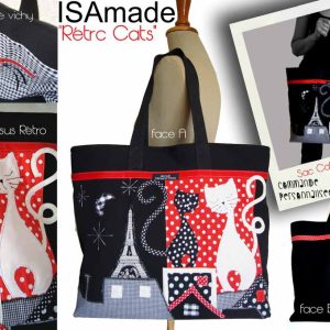 Sac Cabas fantaisie chats patchwork noir rouge vichy & pois