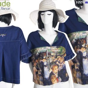 Top blouse créateur bleu imprimé Renoir