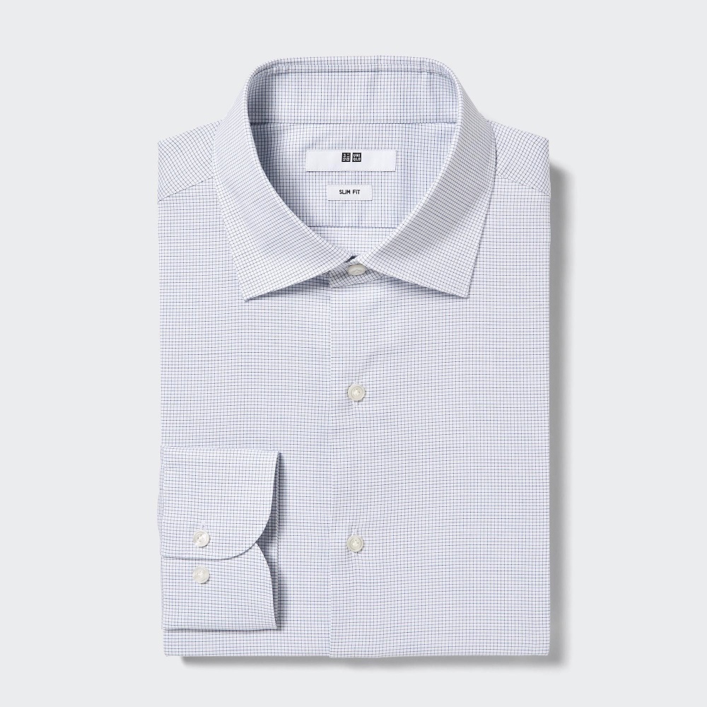 Chemises Uniqlo Easy Care Stretch Coupe Ajustée Checked Semi Cutaway Collar Homme Bleu Y9372685
